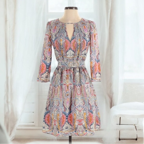 Lace & Mesh 3/4 Sleeve Paisley Print Dress | SIZE XS - Picture 1 of 6